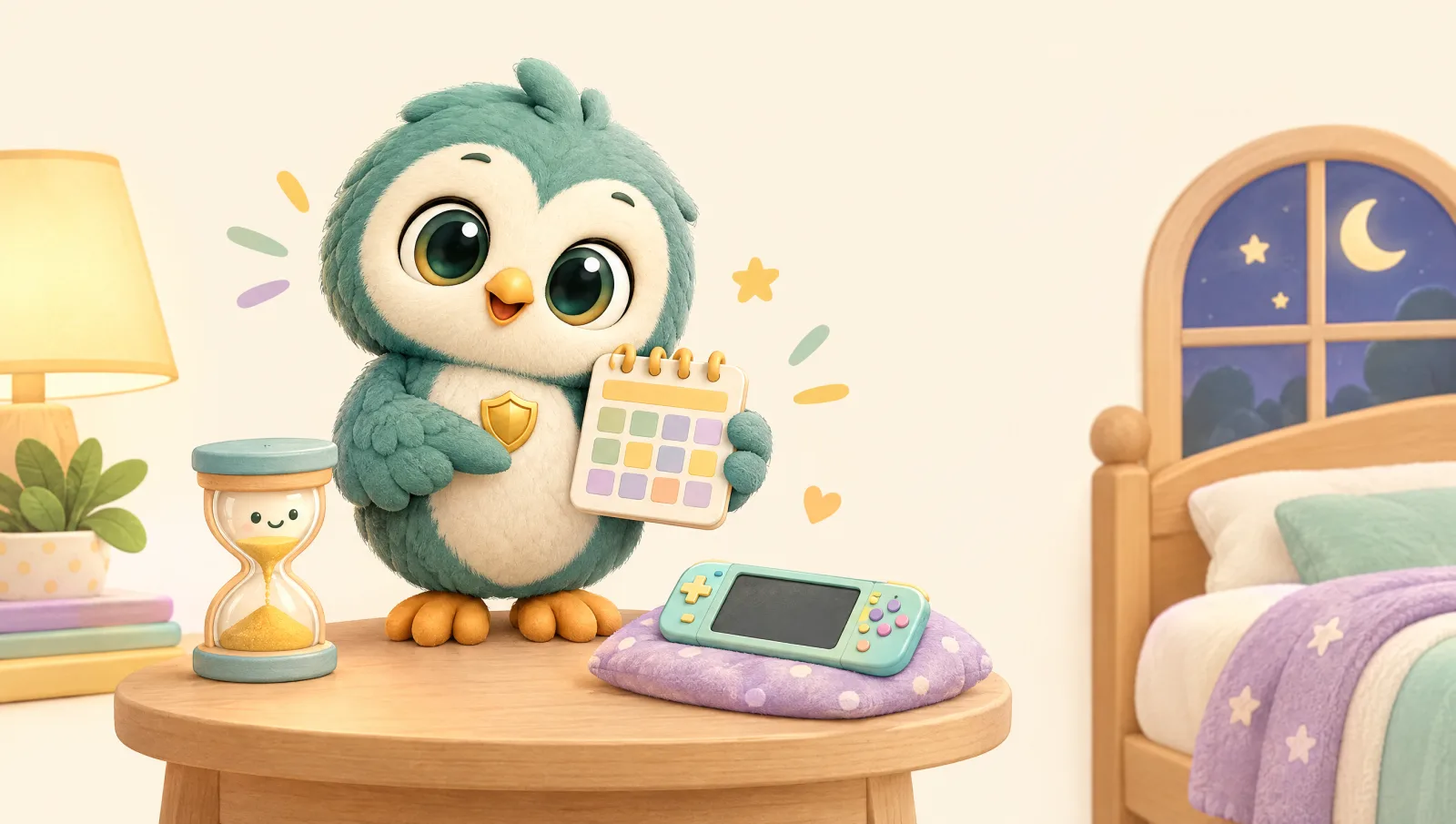 Bo the owl holds a small calendar beside an hourglass and a handheld game console on a cushion, with a bedtime window behind.