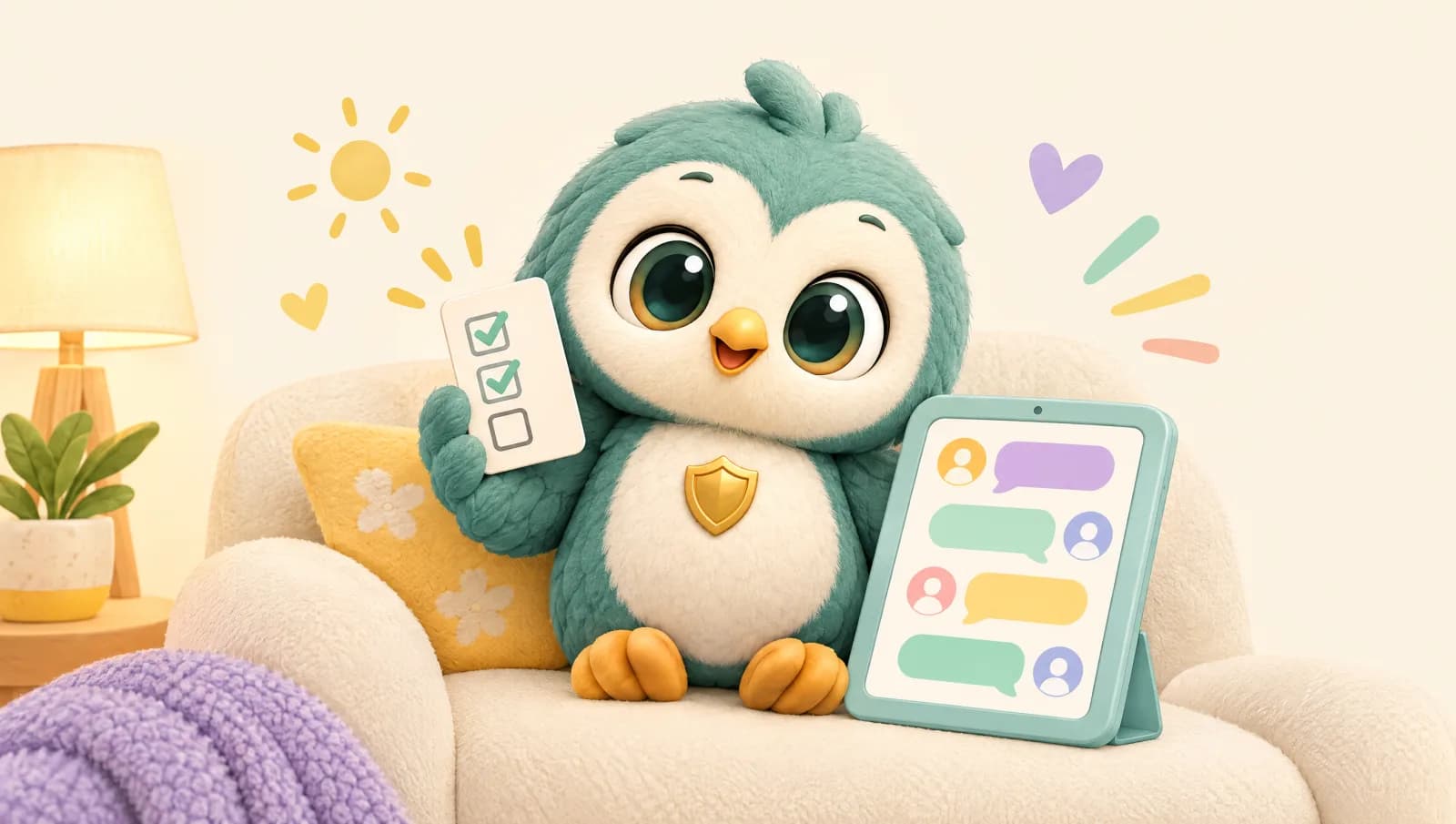 Bo the owl holds a checklist on a couch next to a tablet showing chat bubbles.
