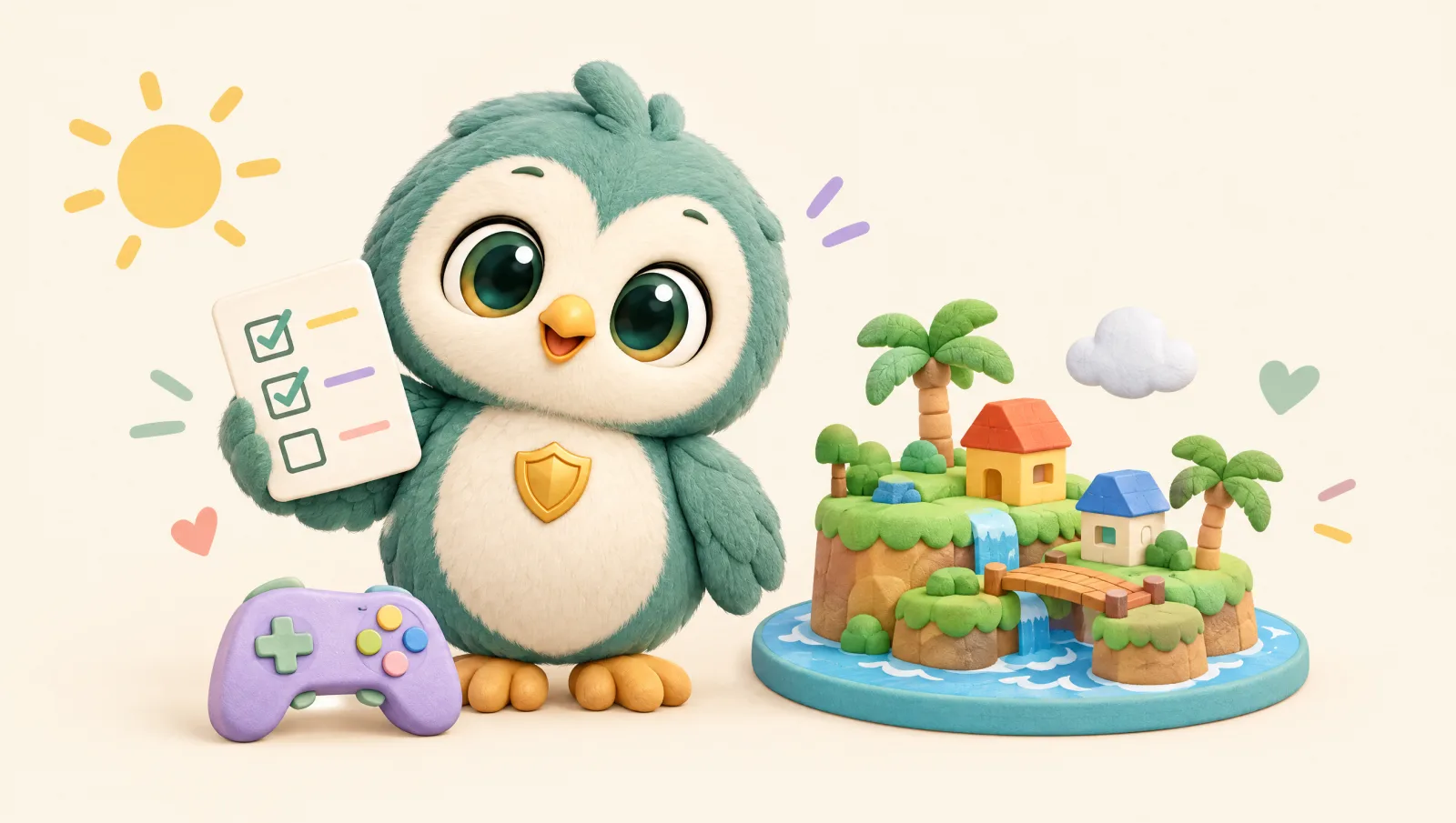 Bo the owl holds a checklist next to a game controller and a small toy island with block houses.