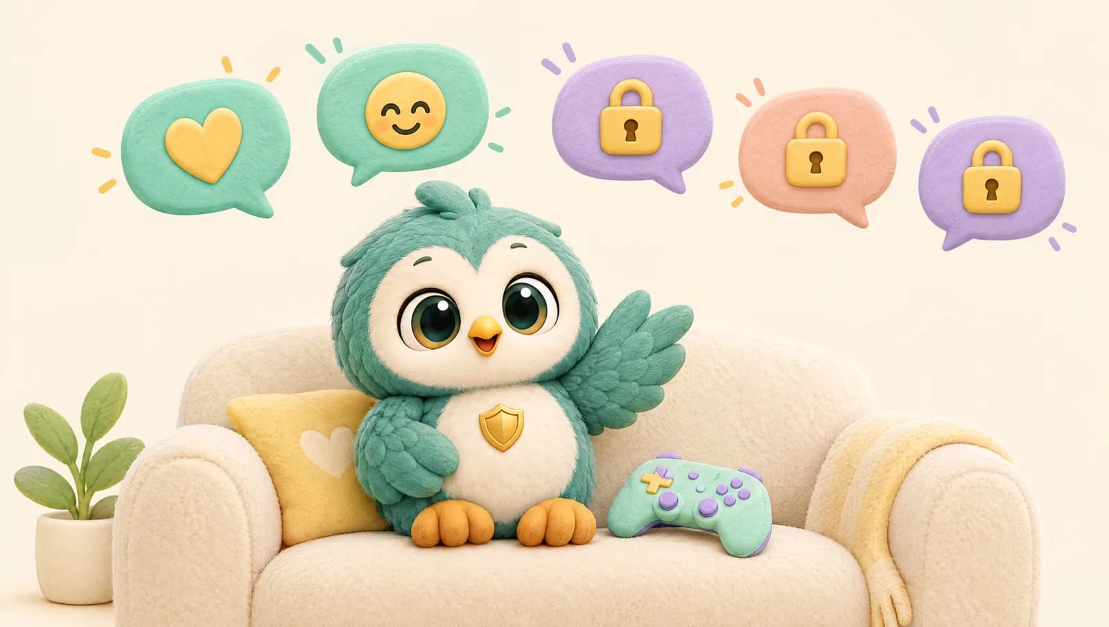 Bo the owl sits on a couch with a game controller under speech bubbles: two open friendly ones and three locked with padlocks.