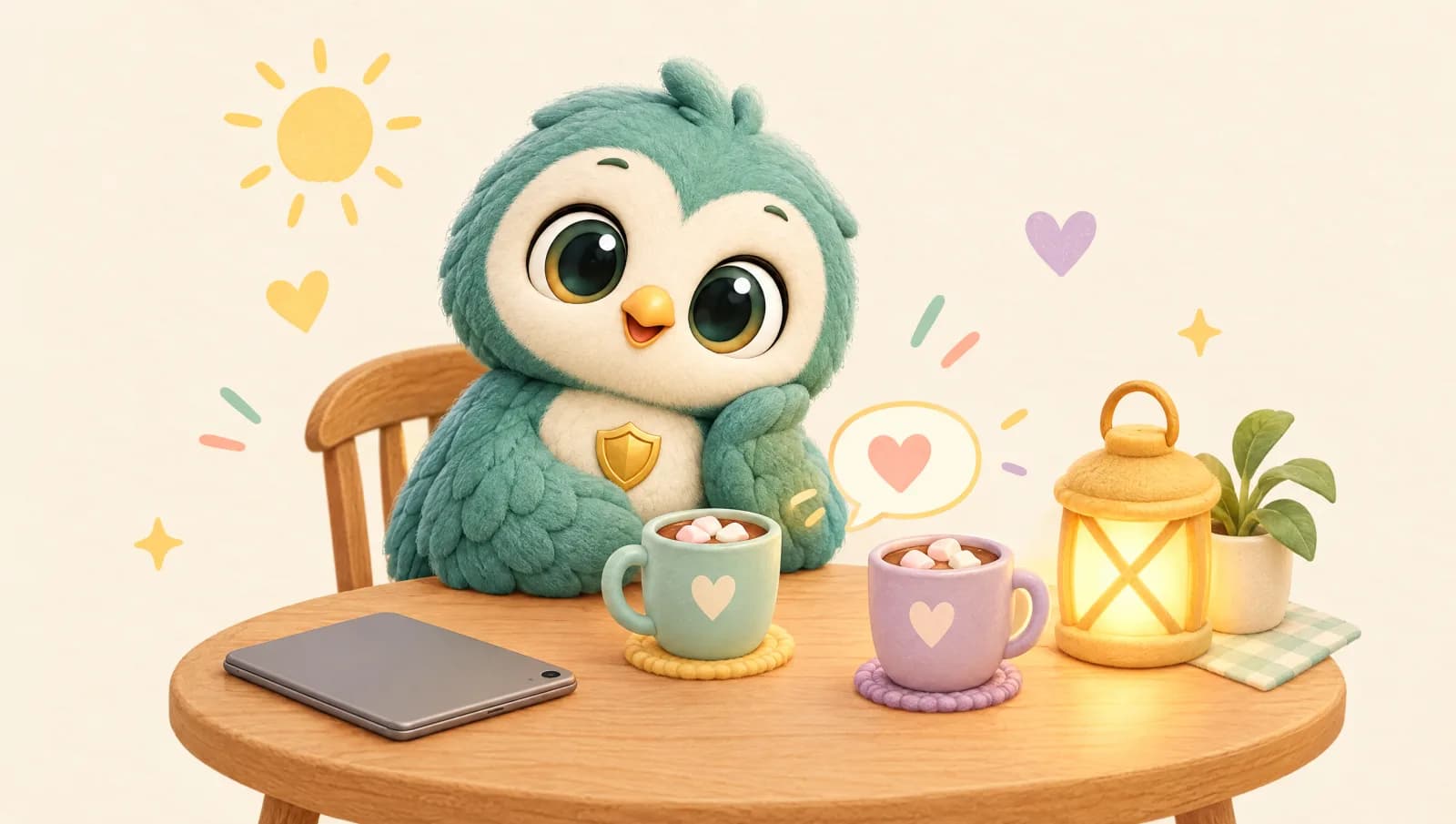 Bo the owl sits at a kitchen table with two mugs of cocoa, a tablet set face-down and a glowing lantern.